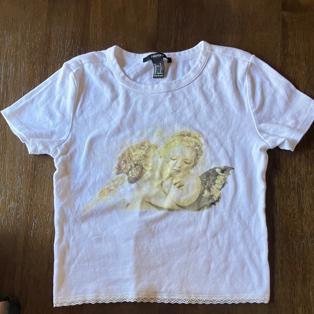 Forever 21 White Crop Top with Angel Graphic